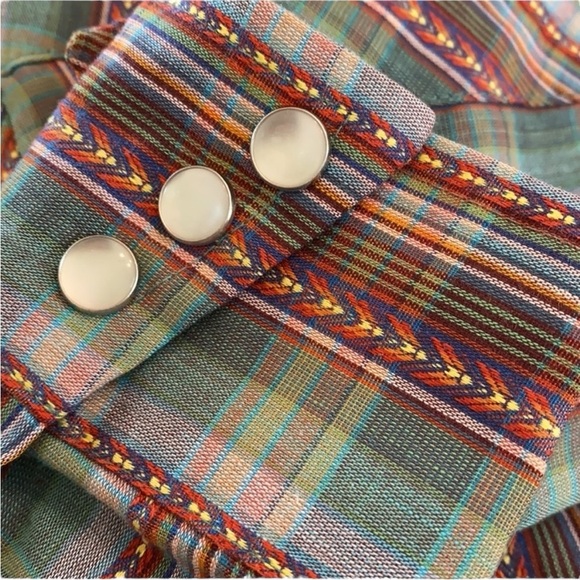 h.i.s Vintage Green Multi Plaid Pearl Snaps Western Shirt Top Women’s Medium - Picture 5 of 10